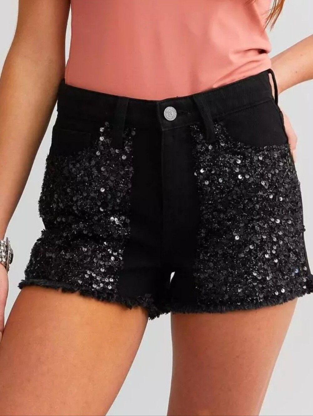 Sterling & Stitch Black Sequin Front Denim Shorts for Women Size 26